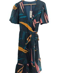 Vineyard Vines Green Abstract Tropical Print Wrap Linen Blend Midi Dress Small